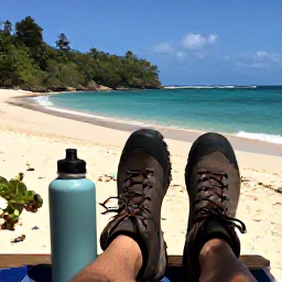 Caribbean Holidays, Saint Lucia Walking, A relaxed Saint Lucia walking holiday scene with hiking boots, a water bottle and a beautiful tropical beach in the background