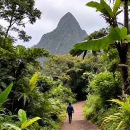 Caribbean Holidays, Saint Lucia Walking, A scenic walking trail through lush rainforest in Saint Lucia, with volcanic peaks and tropical greenery