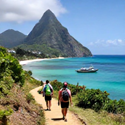 Caribbean Holidays, Saint Lucia Walking, Hikers on a coastal path above turquoise water in Saint Lucia, with fishing boats and a sandy bay below