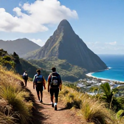 Caribbean Holidays, Saint Lucia Walking, Hikers on a well-marked trail approaching the Pitons in Saint Lucia, with dramatic volcanic peaks and blue sea in the distance