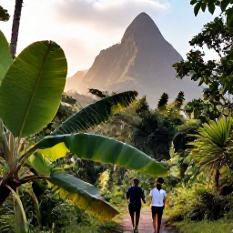 Caribbean Holidays, Saint Lucia Walking, Hikers walking beneath tropical rainforest in Saint Lucia, with broad leaves, volcanic mountains and soft July sunlight