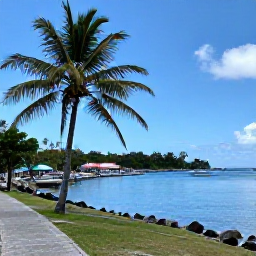Caribbean Holidays, Saint Lucia Walking Holidays, A peaceful coastal footpath near a Saint Lucia fishing village with palm trees, small boats and calm blue water