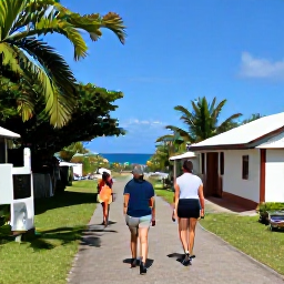Caribbean Holidays, Saint Lucia Walking Holidays, A relaxed Saint Lucia walking holiday scene with comfortable walkers enjoying a village path, tropical scenery and distant sea views