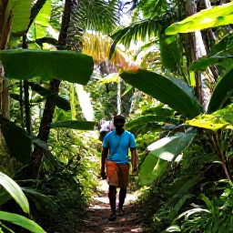Caribbean Holidays, Saint Lucia Walking Holidays, Walkers on a rainforest trail in Saint Lucia surrounded by broad-leaved plants, palms and filtered sunlight