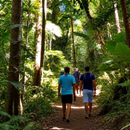 Caribbean Holidays, Saint Lucia Walking, Walkers exploring a lush rainforest trail near Soufri&egrave;re, Saint Lucia, with sunlight filtering through tropical trees