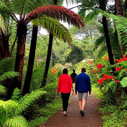 Caribbean Holidays, Saint Lucia Walking, Walkers following a forest path in Saint Lucia, surrounded by tropical trees, ferns and colourful flowers after a light May shower