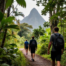 Caribbean Holidays, Saint Lucia Walking, Walkers following a rainforest trail near Soufri&egrave;re, Saint Lucia, with lush vegetation and the Pitons visible through the trees