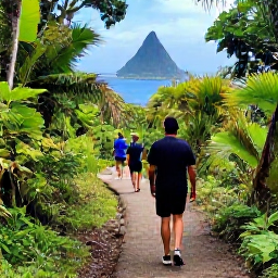 Caribbean Holidays, Saint Lucia Walking, Walkers following a well-marked trail through the Pitons landscape in Saint Lucia, with tropical forest and views towards the sea