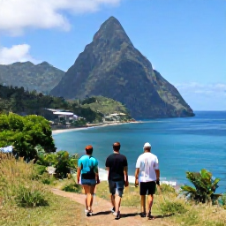 Caribbean Holidays, Saint Lucia Walking, Walkers looking across the Pitons and turquoise Caribbean Sea from a Saint Lucia hillside viewpoint in May