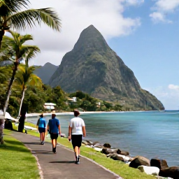 Caribbean Holidays, Saint Lucia Walking, Walkers on a coastal path near Soufri&egrave;re, Saint Lucia, looking towards the Pitons and a calm Caribbean bay