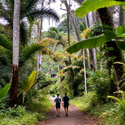 Caribbean Holidays, Saint Lucia Walking, Walkers on a forest trail beneath tall tropical trees near Soufriere, Saint Lucia