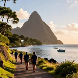 Caribbean Holidays, Saint Lucia Walking, Walkers on a scenic coastal path in Saint Lucia overlooking a calm bay, fishing boats and golden January sunlight