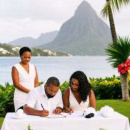 Caribbean Holidays, Saint Lucia Weddings, A couple signing wedding documents at a bright Saint Lucia resort, with a friendly wedding planner and tropical flowers nearby