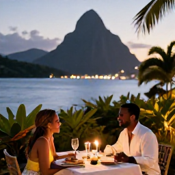Caribbean Holidays, Saint Lucia Weddings, A happy newlywed couple dining privately beside the sea in Saint Lucia, with candlelight, tropical foliage and a relaxed evening atmosphere