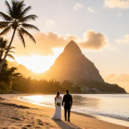 Caribbean Holidays, Saint Lucia Weddings, A newly married couple walking along a quiet golden beach in Saint Lucia at sunset, with palm trees and the Pitons in the distance