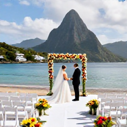 Caribbean Holidays, Saint Lucia Weddings, An elegant beachfront wedding ceremony in Saint Lucia with white chairs, tropical flowers and a view of the Caribbean Sea