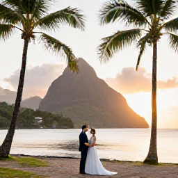 Caribbean Holidays, Saint Lucia Weddings, Bride and groom beside a palm-fringed beach in Saint Lucia at sunset, with the Pitons in the distance