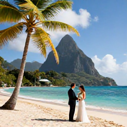 Caribbean Holidays, Saint Lucia Weddings, Bride and groom exchanging vows on a quiet Caribbean beach in Saint Lucia, with palm trees, turquoise sea and the Pitons in the distance