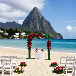 Caribbean Holidays, Saint Lucia Weddings, Elegant beachfront wedding ceremony in Saint Lucia with white chairs, tropical flowers and turquoise sea