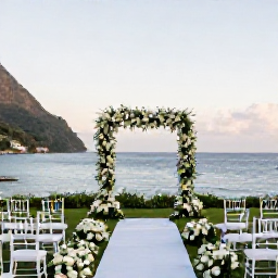 Caribbean Holidays, Saint Lucia Weddings, Elegant Saint Lucia wedding venue overlooking the sea, decorated with white flowers, simple chairs and soft evening light