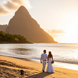 Caribbean Holidays, Saint Lucia Weddings, Newly married couple walking along a golden Saint Lucia beach at sunset, with calm waves and tropical coastline
