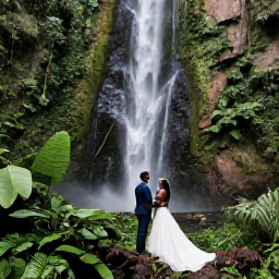 Caribbean Holidays, Saint Lucia Weddings, Newlywed couple exploring a lush Saint Lucia rainforest near a waterfall