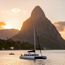 Caribbean Holidays, Saint Lucia Weddings, Newlyweds enjoying a sunset catamaran cruise off the coast of Saint Lucia, with the Pitons and glowing sky behind them