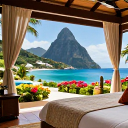 Caribbean Holidays, Saint Lucia Weddings, Romantic luxury resort room in Saint Lucia prepared for honeymooners, with ocean view and tropical flowers