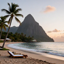 Caribbean Holidays, Saint Lucia Wellness, A calm tropical beach in Saint Lucia at sunrise, with palm trees, gentle waves and a quiet wellness retreat nearby