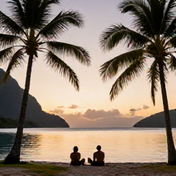 Caribbean Holidays, Saint Lucia Wellness, A couple relaxing in a quiet Saint Lucia bay at dusk, warm evening light, palm silhouettes and calm water