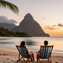 Caribbean Holidays, Saint Lucia Wellness, A couple relaxing in comfortable chairs on a Saint Lucia beach at sunset, with the sea, palms and Pitons in the distance