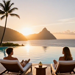 Caribbean Holidays, Saint Lucia Wellness, A couple relaxing in comfortable loungers beside a quiet Saint Lucia infinity pool at sunset, tropical hills and calm sea in the background