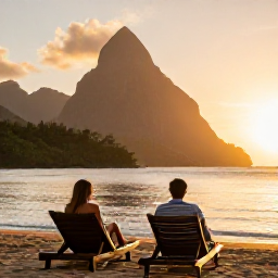 Caribbean Holidays, Saint Lucia Wellness, A couple relaxing on a quiet Saint Lucia beach at sunset, with comfortable loungers, soft golden light and the Pitons in the distance