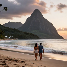 Caribbean Holidays, Saint Lucia Wellness, A couple walking slowly along a quiet Saint Lucia beach at sunset, with volcanic mountains and calm Caribbean water in the background