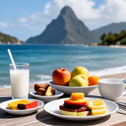Caribbean Holidays, Saint Lucia Wellness, A healthy Caribbean breakfast in Saint Lucia overlooking the sea, featuring fresh tropical fruit, coconut water and colourful local ingredients