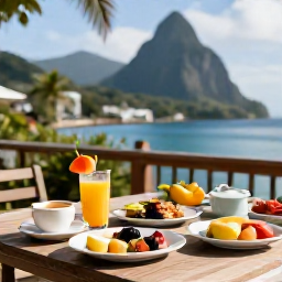 Caribbean Holidays, Saint Lucia Wellness, A healthy Caribbean breakfast in Saint Lucia with fresh fruit, tropical juices and local ingredients on an open-air terrace