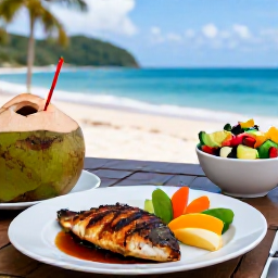 Caribbean Holidays, Saint Lucia Wellness, A healthy Caribbean lunch at a Saint Lucia seaside restaurant, grilled fish, fresh fruit, salad and coconut water with a sea view