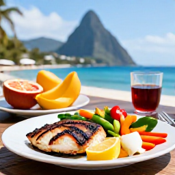 Caribbean Holidays, Saint Lucia Wellness, A healthy Caribbean meal in Saint Lucia featuring fresh tropical fruit, colourful vegetables, grilled fish and a sea view