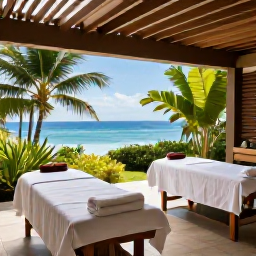 Caribbean Holidays, Saint Lucia Wellness, A modern open-air spa in Saint Lucia surrounded by tropical greenery, treatment tables, towels and a peaceful view of the Caribbean Sea