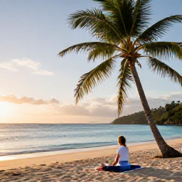 Caribbean Holidays, Saint Lucia Wellness, A peaceful Saint Lucia beach at sunrise in June, calm turquoise sea, palm trees and a comfortable yoga space on the sand