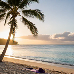 Caribbean Holidays, Saint Lucia Wellness, A peaceful Saint Lucia beach at sunrise in November, calm turquoise sea, soft golden light, palm trees and a quiet yoga mat on the sand