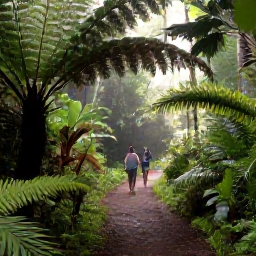 Caribbean Holidays, Saint Lucia Wellness, A peaceful Saint Lucia rainforest trail with ferns, palms, soft morning light and a couple walking slowly through the greenery