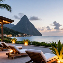 Caribbean Holidays, Saint Lucia Wellness, A peaceful Saint Lucia resort terrace overlooking the Caribbean Sea at dusk, with comfortable loungers, tropical plants and warm lighting