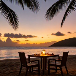 Caribbean Holidays, Saint Lucia Wellness, A peaceful Saint Lucia sunset viewed from a quiet beachfront restaurant, tropical dinner table, warm evening sky and relaxed atmosphere