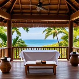 Caribbean Holidays, Saint Lucia Wellness, A peaceful spa treatment room in Saint Lucia with natural materials, tropical greenery and views towards the sea