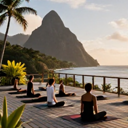Caribbean Holidays, Saint Lucia Wellness, A peaceful yoga session on a wooden deck overlooking the Saint Lucia coastline, with tropical plants and morning light