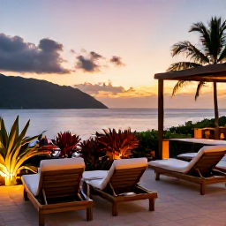 Caribbean Holidays, Saint Lucia Wellness, A quiet Saint Lucia resort terrace at sunset in December, comfortable loungers, tropical plants and glowing views across the Caribbean Sea