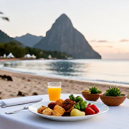 Caribbean Holidays, Saint Lucia Wellness, A relaxed evening on a Saint Lucia beach with a healthy local meal, soft sunset light and calm Caribbean sea
