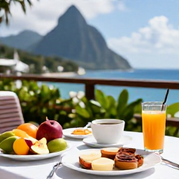 Caribbean Holidays, Saint Lucia Wellness, A relaxed healthy breakfast on a Saint Lucia terrace, colourful tropical fruit, fresh juice and a view of the sea