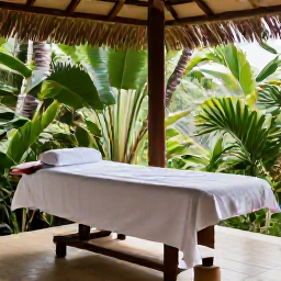 Caribbean Holidays, Saint Lucia Wellness, A serene Saint Lucian spa setting surrounded by tropical greenery, with a treatment room, natural materials and soft afternoon light